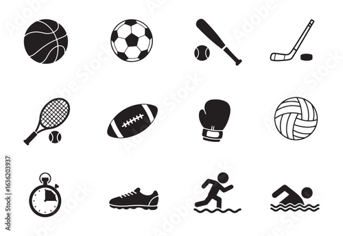 Sports and Fitness Activity Icons Vector Collection. sports and games Elements in Solid Black Silhouette illustration