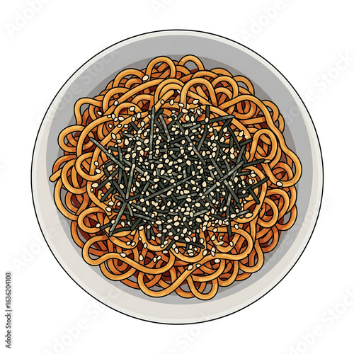 A savory bowl of Asian noodles topped with shredded seaweed and toasted sesame seeds, a delicious illustrated meal concept.