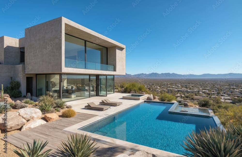 Fototapeta premium Geometric concrete home with swimming pool overlooking desert cityscape. Modern architecture, exterior design, luxury real estate property, contemporary building with blue sky, cacti in Arizona.