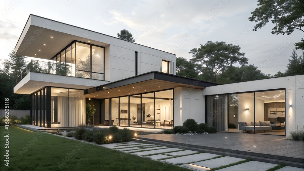 Obraz premium Modern Minimalist House Exterior at Golden Hour with Glass Facade and Manicured Garden