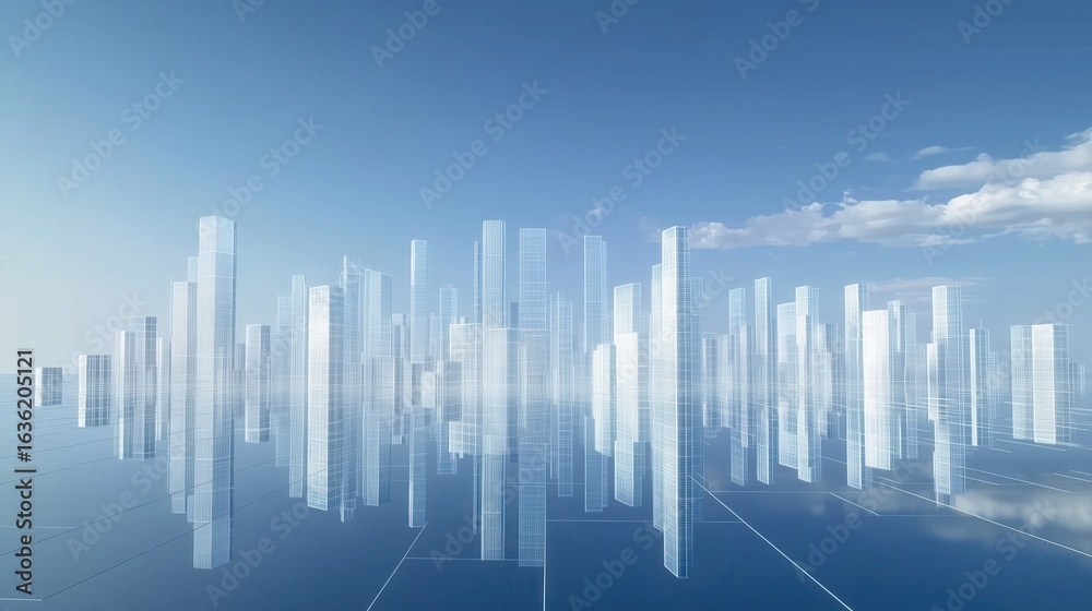 Fototapeta premium Wireframe Cityscape Under a Blue Sky