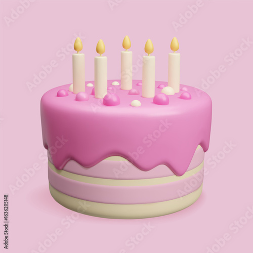 Pink Birthday cake with candles 3D render vector illustration.Cute light pink and yellow sweet cake dessert with burning candles, pink glaze and confetti bon bon candles. Happy birthday bakery.