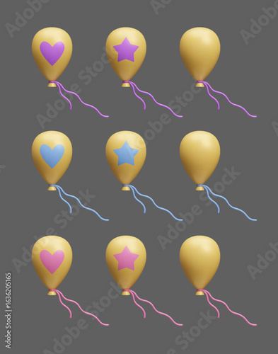 Set of yellow air balloons with colorful stars and hearts print 3D icon set. Festive greeting surprise birthday party decoration elements. Flying helium air balloons 3D vector.