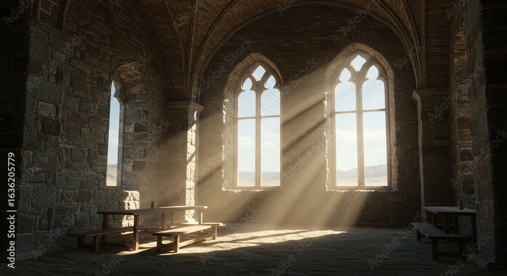 Fototapeta premium Medieval stone hall with arched windows and sunlight