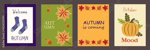 Autumn cards set. Beautiful autumn cards with colorful leaves, pumpkins for design and congratulations. Hello Autumn. Vector illustration for printing holiday invitations, covers, posters and banner.