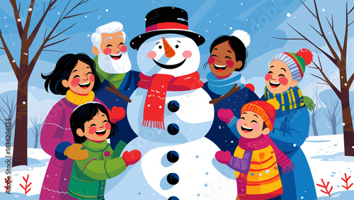 Joyful multi-generational family celebrating winter with a snowman
