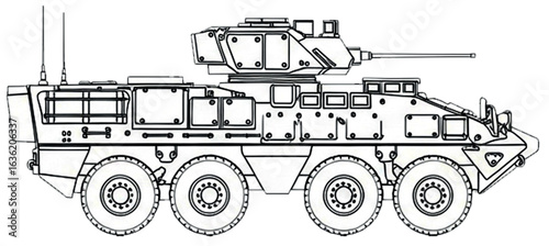 Line Art Blueprint of DE M-SHORAD Laser Weapon Stryker – Technical Military Vehicle Side Profile Drawing

