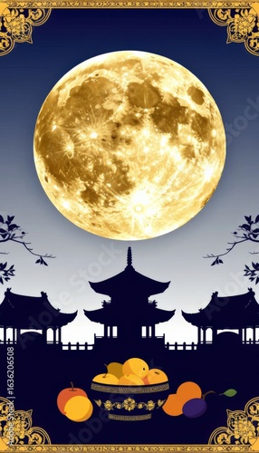 Golden full moon above a soft indigo to gray gradient sky, with a pagoda silhouette and fruit basket below. Ideal for Mid Autumn Festival campaigns, spiritual branding, and seasonal design.