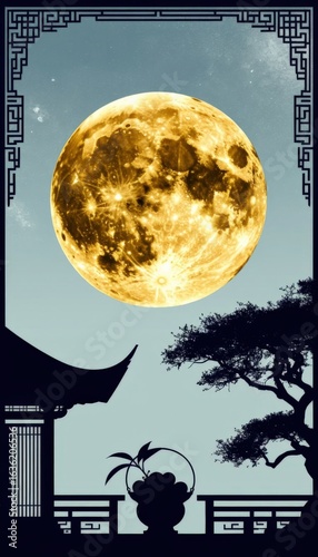Golden full moon above a soft indigo to gray gradient sky, with a pagoda silhouette and fruit basket below. Ideal for Mid Autumn Festival campaigns, spiritual branding, and seasonal design.
