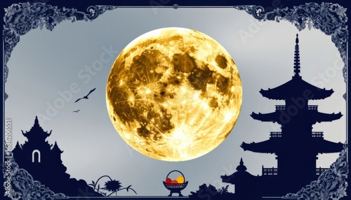 Golden full moon above a soft indigo to gray gradient sky, with a pagoda silhouette and fruit basket below. Ideal for Mid Autumn Festival campaigns, spiritual branding, and seasonal design.