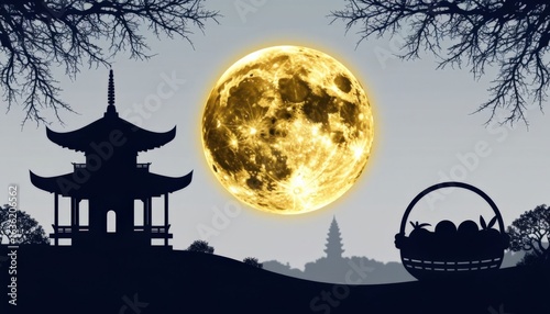 Golden full moon above a soft indigo to gray gradient sky, with a pagoda silhouette and fruit basket below. Ideal for Mid Autumn Festival campaigns, spiritual branding, and seasonal design.