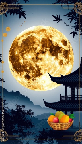Golden full moon above a soft indigo to gray gradient sky, with a pagoda silhouette and fruit basket below. Ideal for Mid Autumn Festival campaigns, spiritual branding, and seasonal design.