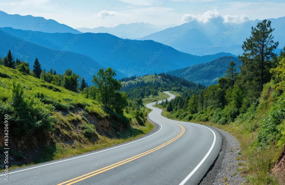 Fototapeta premium Scenic road winds through mountains. Green trees, blue sky. Path leads through picturesque countryside landscape. Ideal for travel, adventure, exploration. Serene environment, peaceful view. Summer