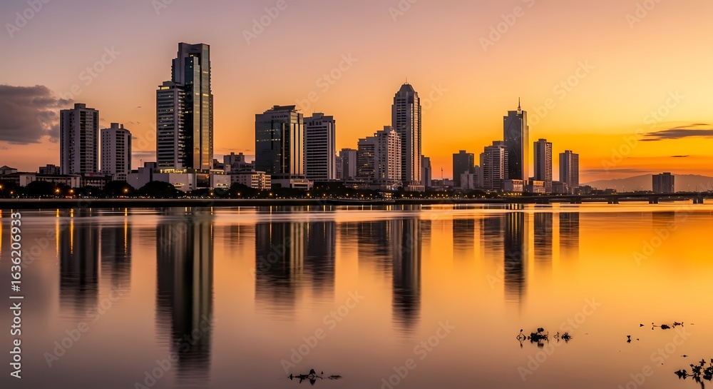 Fototapeta premium Golden Sunset over a Modern City Skyline with Reflections on the Water