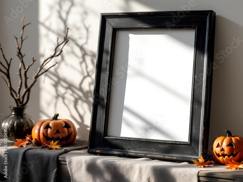 Black frame mockup with halloween pumpkin decoration