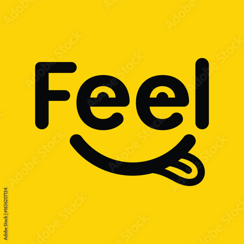 Feel logo with a smiling face and tongue sticking out on a yellow background