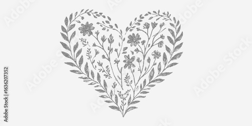 Heart of flowers and leaves. Bold graphic with noisy ink marks, rough brush texture, splatter gradient.