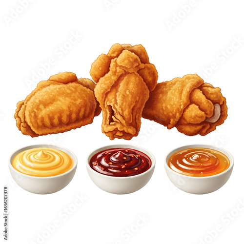 A delicious illustration of crispy fried chicken wings and drumettes with an assortment of dipping sauces, isolated on a white background.