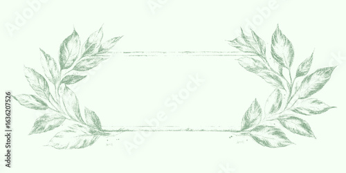 Green frame with leaves. Bold monochrome element with sprayed ink, noise overlay and rough grain.