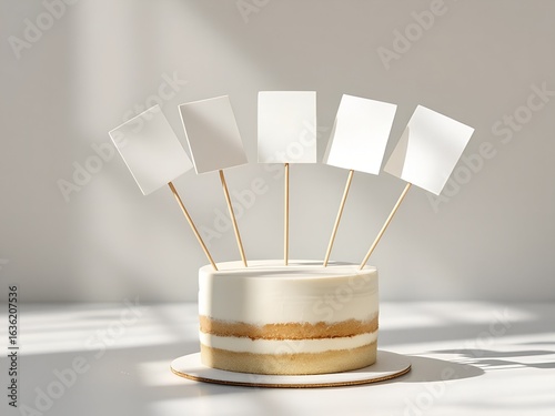 Delicious cake showing five blank toppers for mockup in bright light