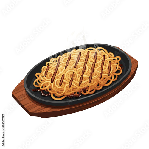 A detailed illustration of hot sizzling Asian noodles with grill marks served on a cast iron plate.
