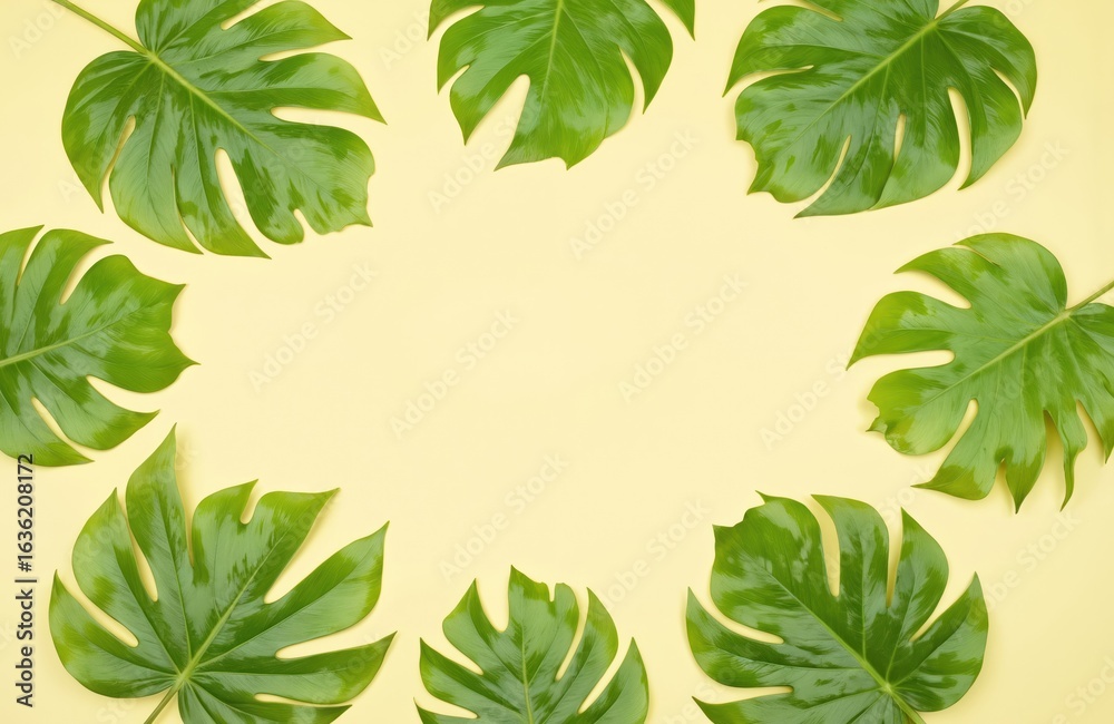 Fototapeta premium Fresh green Monstera leaves frame pastel yellow background. Tropical plant foliage arranged symmetrically. Floral eco pattern backdrop for cards, posters, creative designs with empty space.
