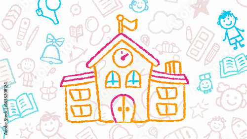Illustration of a school building with a clock and flag surrounded by school related doodles