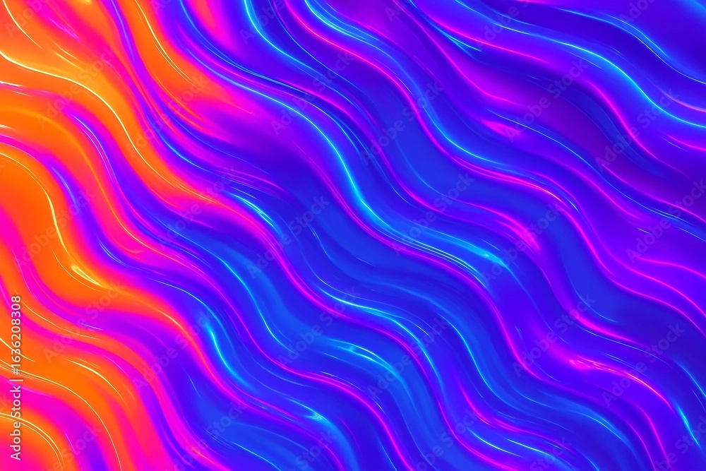Fototapeta premium A striking abstract background featuring fluid, wavy lines in a dynamic and vibrant color palette of neon orange, pink, and glowing blue, creating a mesmerizing modern texture