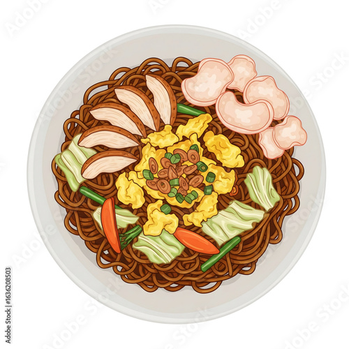 Top-down illustration of a delicious Asian fried noodle dish with chicken, egg, and vegetables. Hand-drawn food concept design.