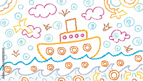 Childlike drawing of a steamboat on the sea with birds clouds and suns in a crayon style illustration