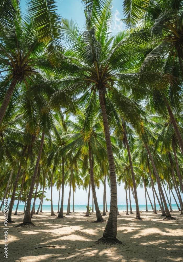 Obraz premium Lush Palm Trees on Tropical Beach Under Bright Sunlight