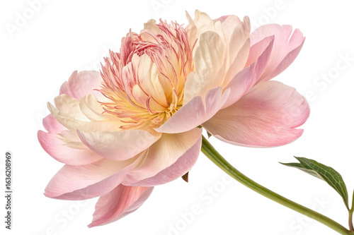 Delicate pink and yellow peony flower with green stem isolated on transparent background