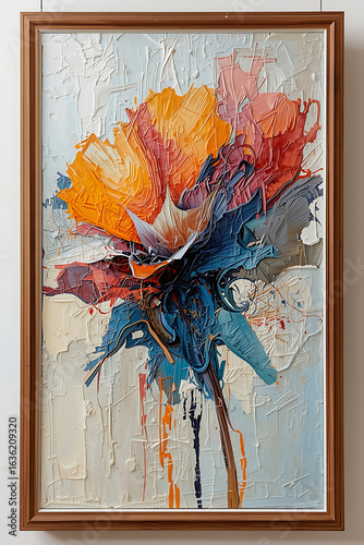 Abstract Textured Flower Painting, Bold Orange and Blue, Framed Canvas Wall Art