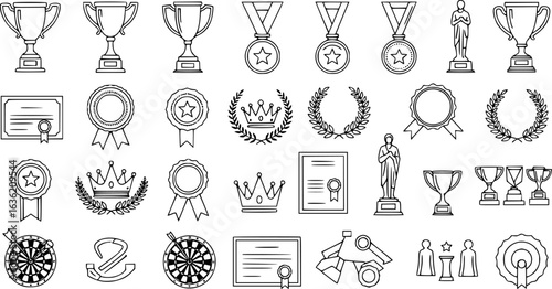 trophies, medals, badges, crowns, laurel wreaths, certificates, dartboards, team icons, black and white, vector graphics, line art, clean lines, minimalist

