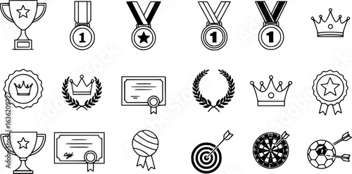 trophies, medals, badges, crowns, laurel wreaths, certificates, dartboards, team icons, black and white, vector graphics, line art, clean lines, minimalist

