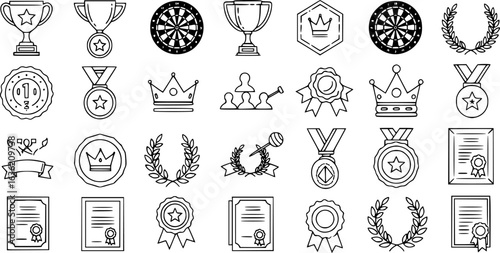 trophies, medals, badges, crowns, laurel wreaths, certificates, dartboards, team icons, black and white, vector graphics, line art, clean lines, minimalist

