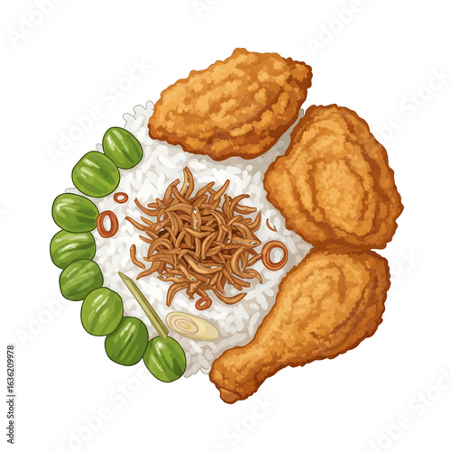 A traditional Southeast Asian meal featuring crispy fried chicken, steamed rice, fried anchovies, and fresh bitter beans