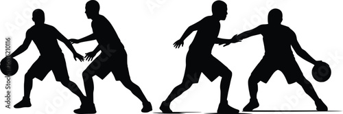 Silhouette of four basketball players in action with dribbling and defense poses