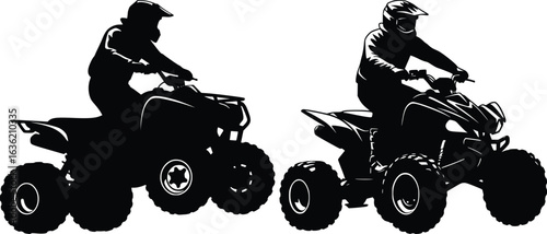 Silhouette of two people riding ATVs with helmets, highlighting off-road adventure
