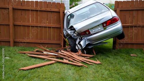 Car Crash Scene with Vehicle Crashing Through Wooden Fence Revealing Damage and Aftermath on Green Grass Lawn