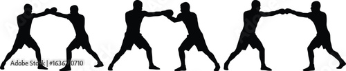 Silhouette illustration of eight boxers performing coordinated movements, showing teamwork and strength