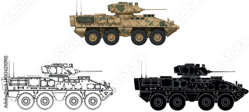 DE M-SHORAD Laser Air Defense Vehicle – 3-Style Bundle: Color Realism, Silhouette & Line Art | Military Stryker with Directed Energy Weapon