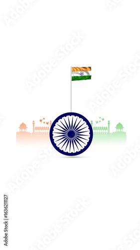 Independence Day and Republic Day celebration video. Animated Indian flag with Ashoka Chakra and iconic landmarks in saffron and green, celebrating India's Independence and Republic Day with pride.