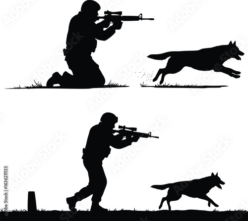 Silhouette of tactical figures with dogs in military pose, depicting partnership, readiness, and coordination