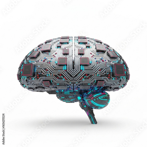 Metallic cerebral organ with intricate circuit patterns and vibrant neon illumination on plain setting view