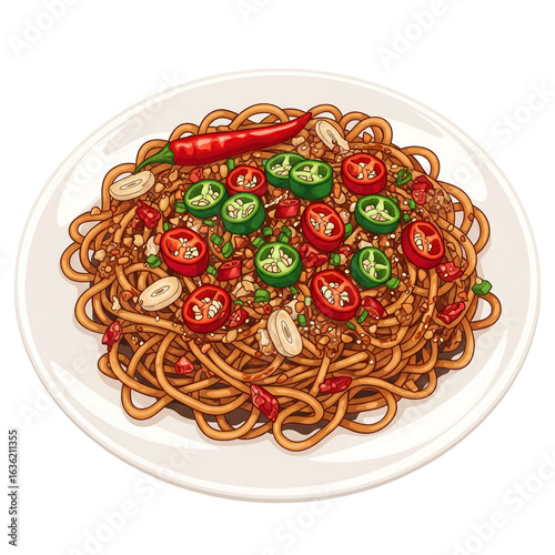 A delicious illustration of a plate of spicy Asian stir-fried noodles, garnished with fresh red and green chilies and peanuts.