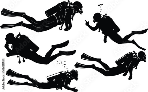 Silhouette of four scuba divers in varied underwater poses, depicting fluid motion, buoyancy, and diving action
