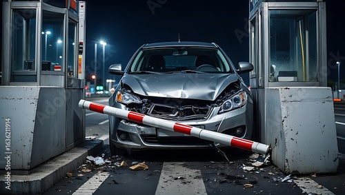 Damaged Car Crashed at Toll Booth Barrier at Night Time Insurance Claim Background Transportation Safety Automotive Concept