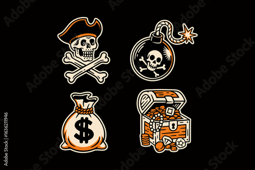 Pirate skull, treasure chest, bomb and dollar bag retro illustration vector design set for merchandise. Skull crossbones, treasure, coin bag, bomb with fuse vintage cartoon logo graphic collections.