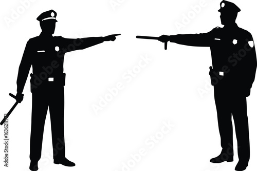 Silhouette of two police officers in uniform standing side by side pointing forward, showing authority and coordination